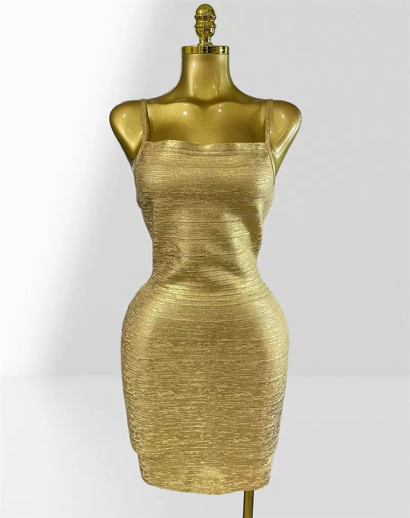 Pre-Order Gold-Plated Bandage Bodycon Dress – Sexy Deep V Spaghetti Strap Party & Clubwear Mini Dress
